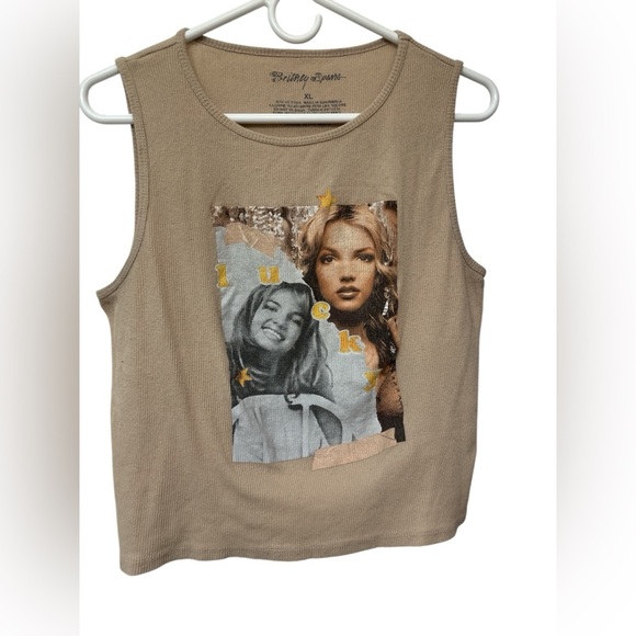 Britney Spears Lucky Ribbed Graphic Tank Top in Tan - Picture 1 of 5